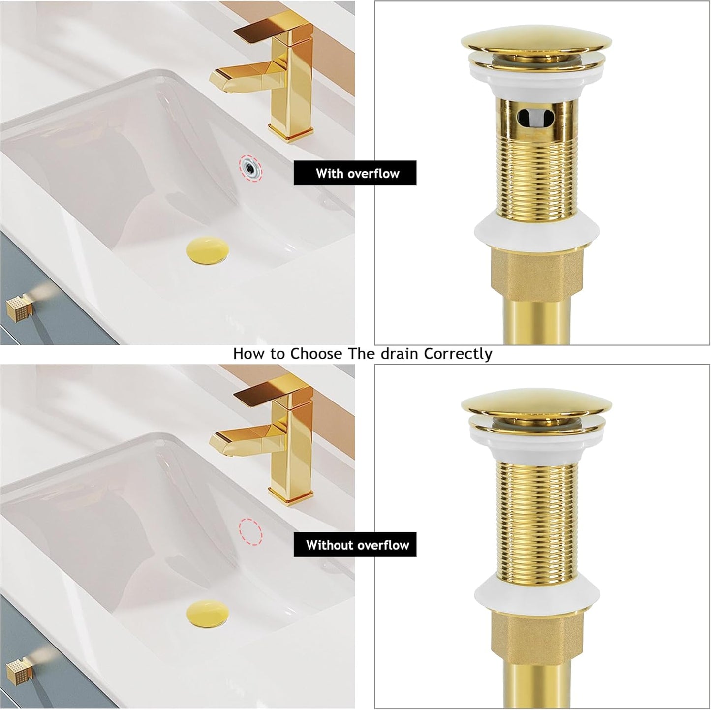 Bathroom Sink Drain, 2 Pack Gold Drain Stopper with Overflow,Pop Up Drain Assembly with Detachable Strainer Basket,Built-in Anti-Clogging Strainer,Stainless Steel
