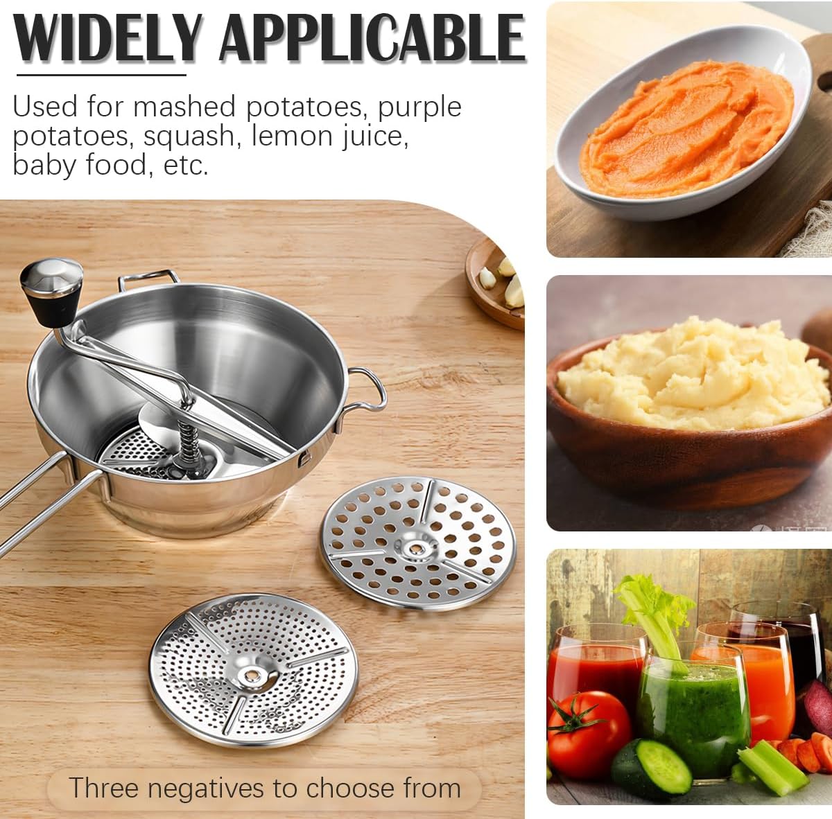 Stainless Steel Potato Ricer with 3 Interchangeable Discs – Heavy Duty Food Mill for Perfect Mashed Potatoes, Tomato Sauce, Canning, Baby Food