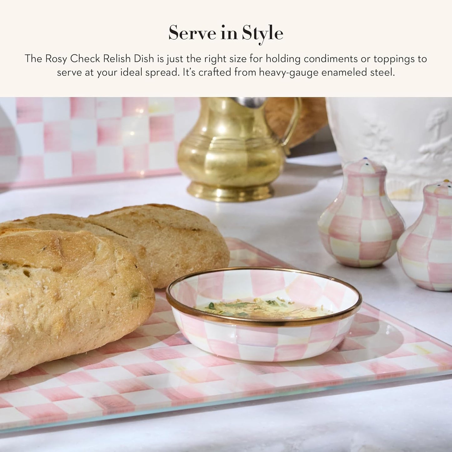 MACKENZIE-CHILDS Enamel Dipping Bowl, Small Serving Bowl for Entertaining, Pink-and-White Rosy Check