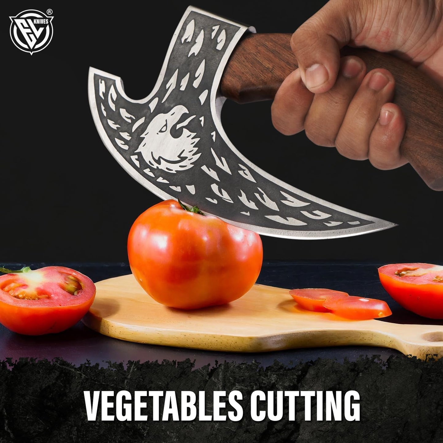 Edgelandknives® Multipurpose Viking Pizza Axe with Sheath, Viking Butcher Axe, Viking Pizza Cutter Axe - Rosewood Handle & Engraved Head - Perfect for Cutting Pizza, Meat, Vegetables