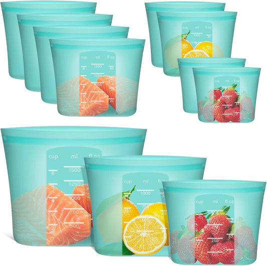 Reusable Food Bags, 8 Pack 100% Silicone Food Storage Bags Stand Up Zip Lock Container, Freezer Microwave Oven Dishwasher Safe, 4 Medium 2 Small 2 Extra Small, Aqua