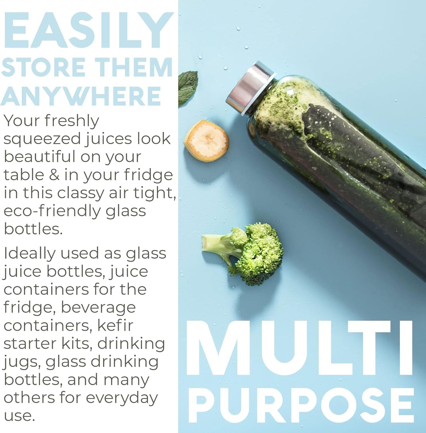 Epica 18-Oz Glass Water Bottles with Lids, Juice Bottles - BPA Free & Eco-Friendly Reusable Refillable Bottles for Juicing, Set of 4 - Clear