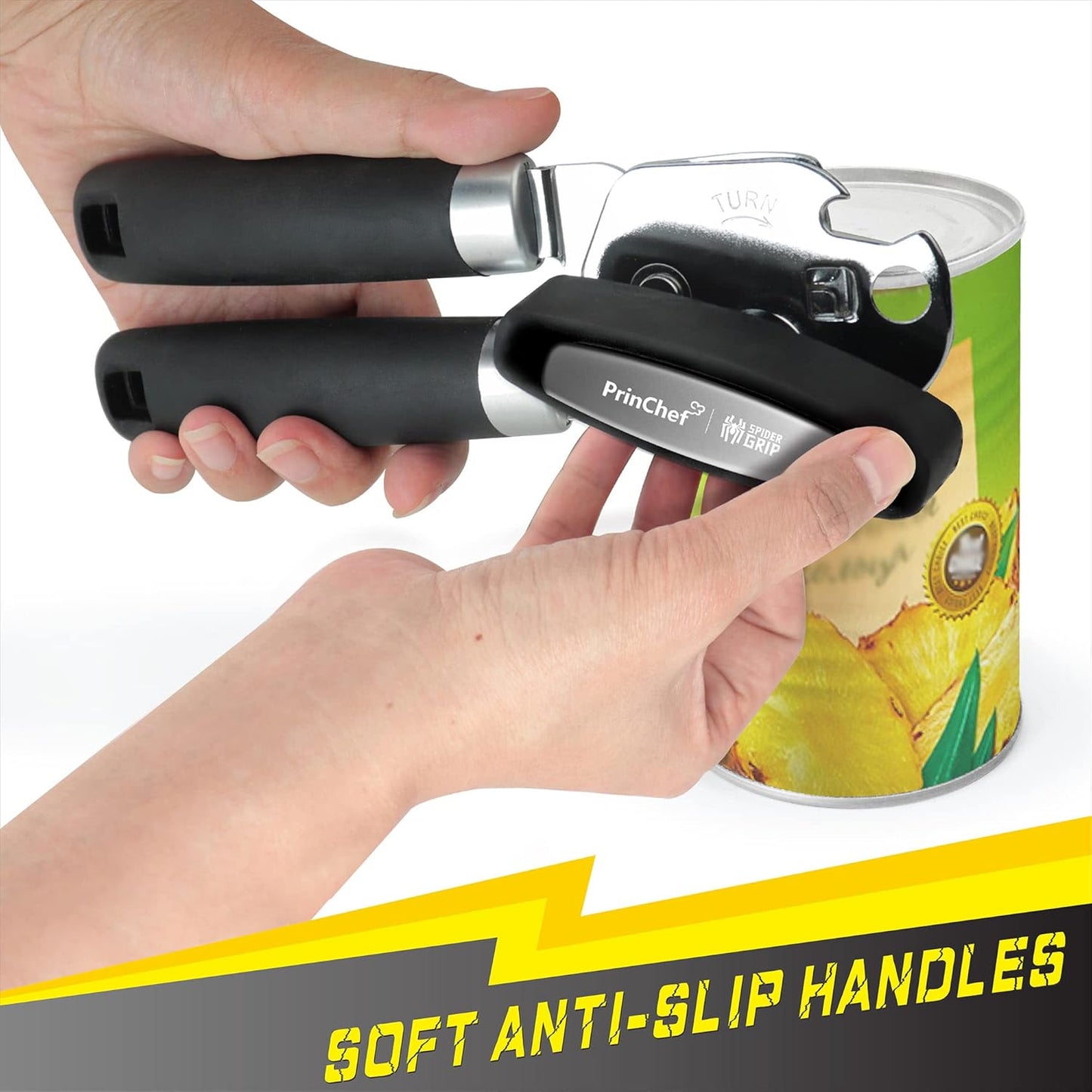 PrinChef Manual Can Openers with Magnet, No-Trouble-Lid-Lift, Handheld Can Opener Smooth Edge with Sharp Blade, Large Effort-Saving Handles, Easy Grip & Heavy Duty, Black