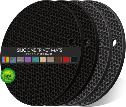 4 Pack Silicone Trivets for Hot Pots and Pans, Pot Holders Hot Pads, Non-Slip & Heat Resistant Silicone Mats for Kitchen Counter, Soft Durable Drying Mat, Jar Opener and Coasters (2 Black+2 Dark Grey)