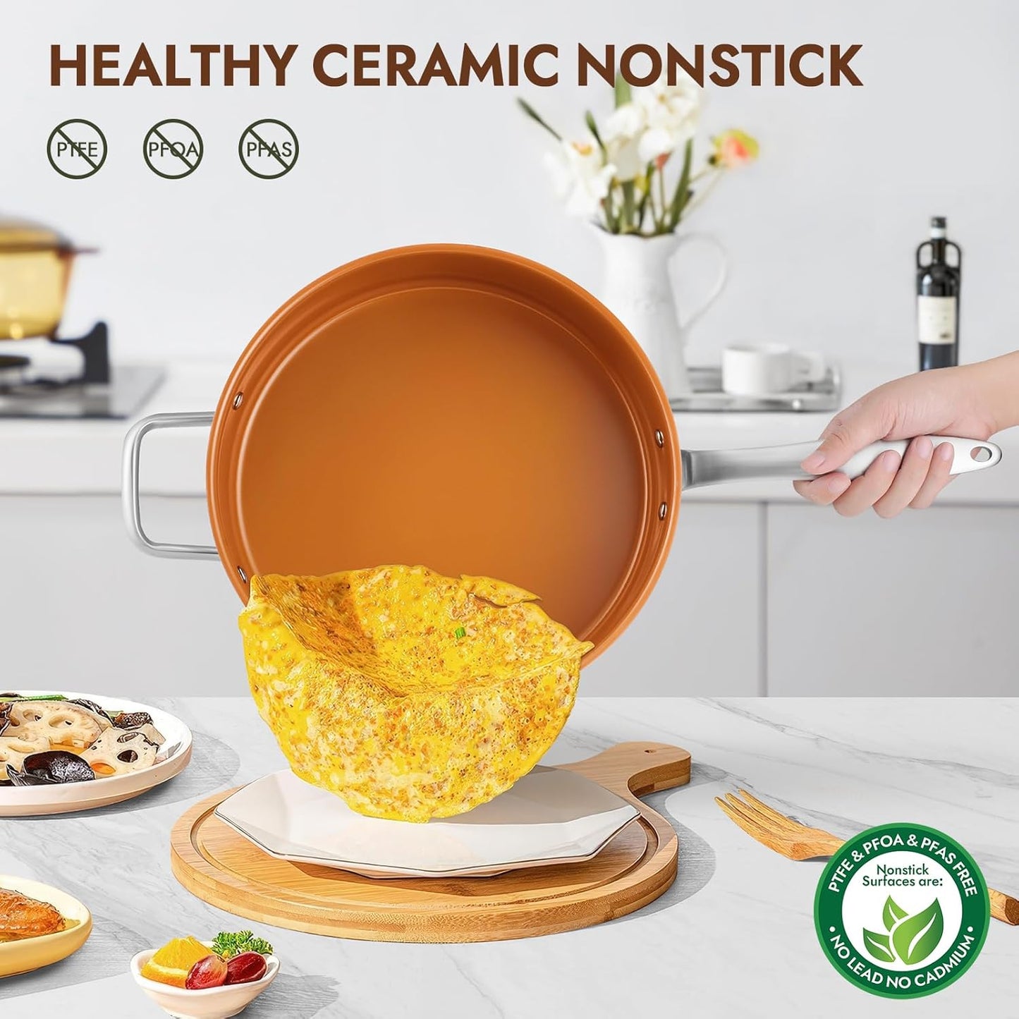 Ceramic Saute Pan with Lid, 5.5QT Nonstick Frying Pan without PFAS, PTFE, or PFOA, Stainless Steel Base Deep Skillet for All Cooktops, Oven & Dishwasher Compatible