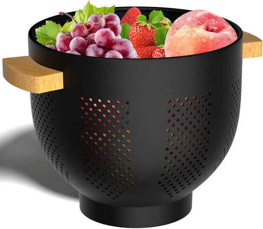 Colander for Kitchen - Strainers and Colanders - 6 Quart Large Metal Colander with Wood Handle - Food Strainer Basket for Draining Pasta, Vegetable & fruit, Kitchen Gadgets Matte Black