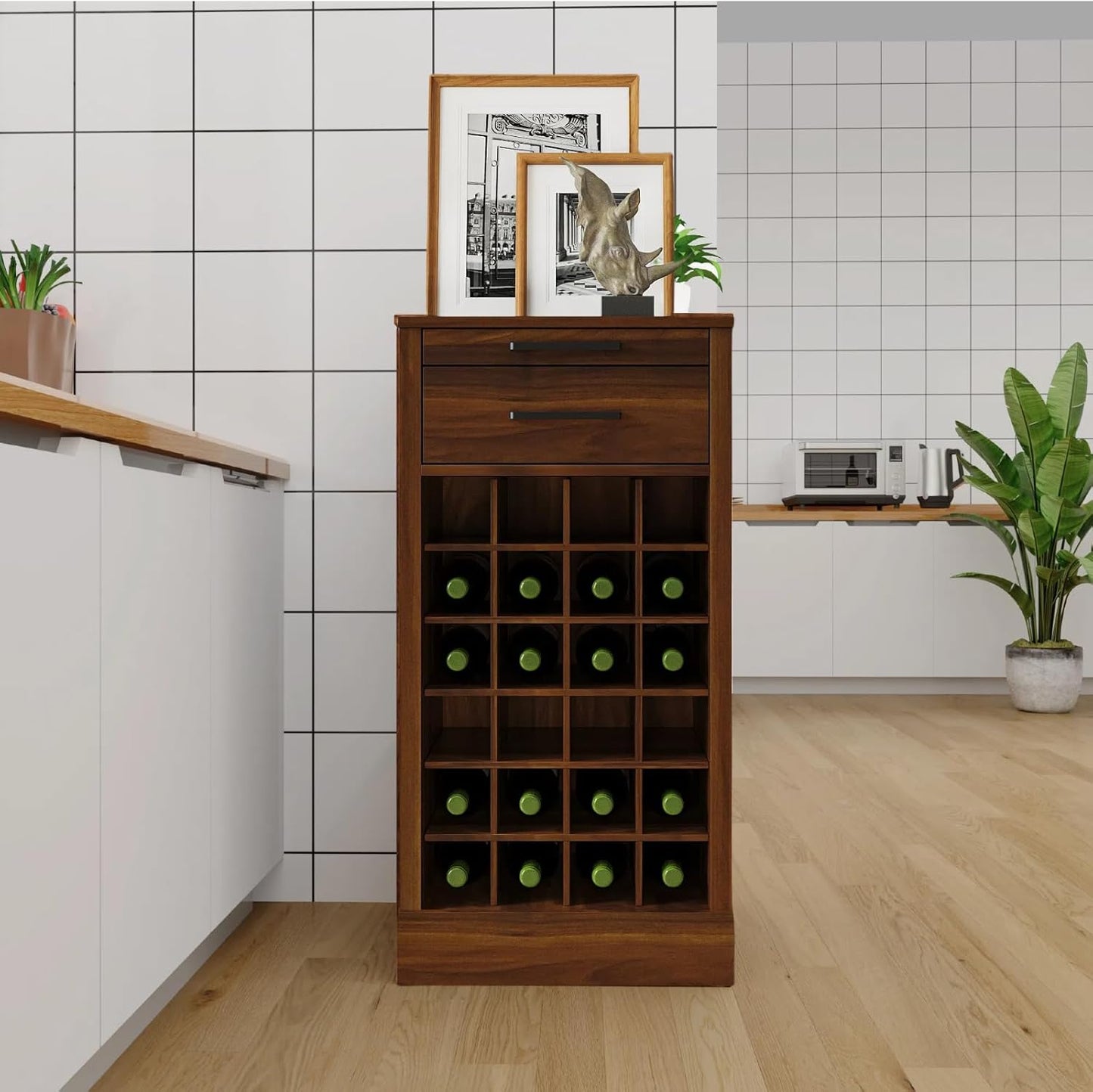 WERSMT 6-Tier Wine Rack Freestanding Floor with 2 Drawers, 24 Bottles Wood Wine Rack Counter for Small Space, Farmhouse Stackable Modular Wine Bottle Holder Rack, Walnut