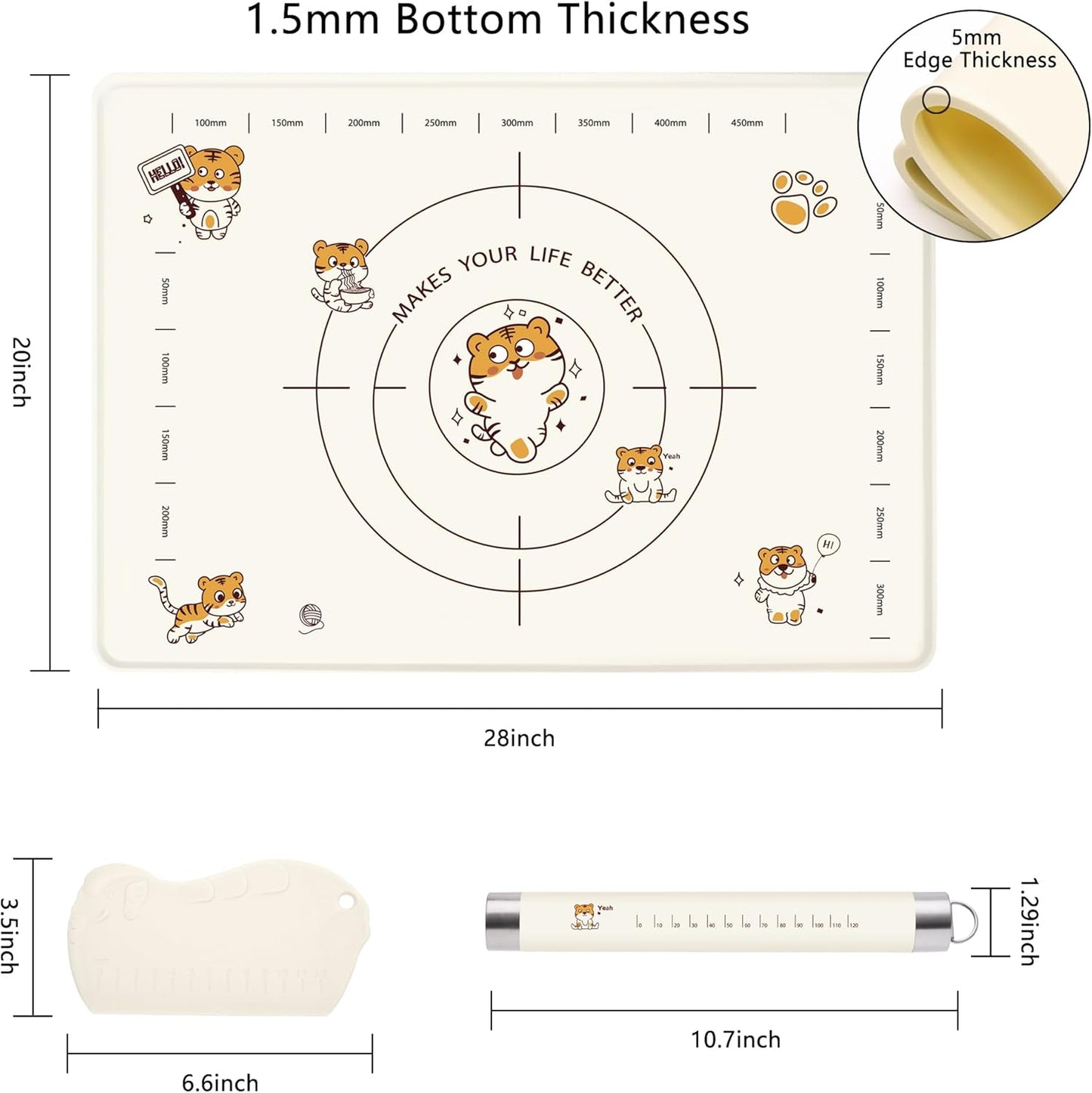 28x20 Inch Extra Thick Silicone Pastry Board, Silicone Baking Mat with Measurements, Non-slip Silicone Mat, Kneading Counter Mat, Non-Stick Dough Mat with Edge Heightening