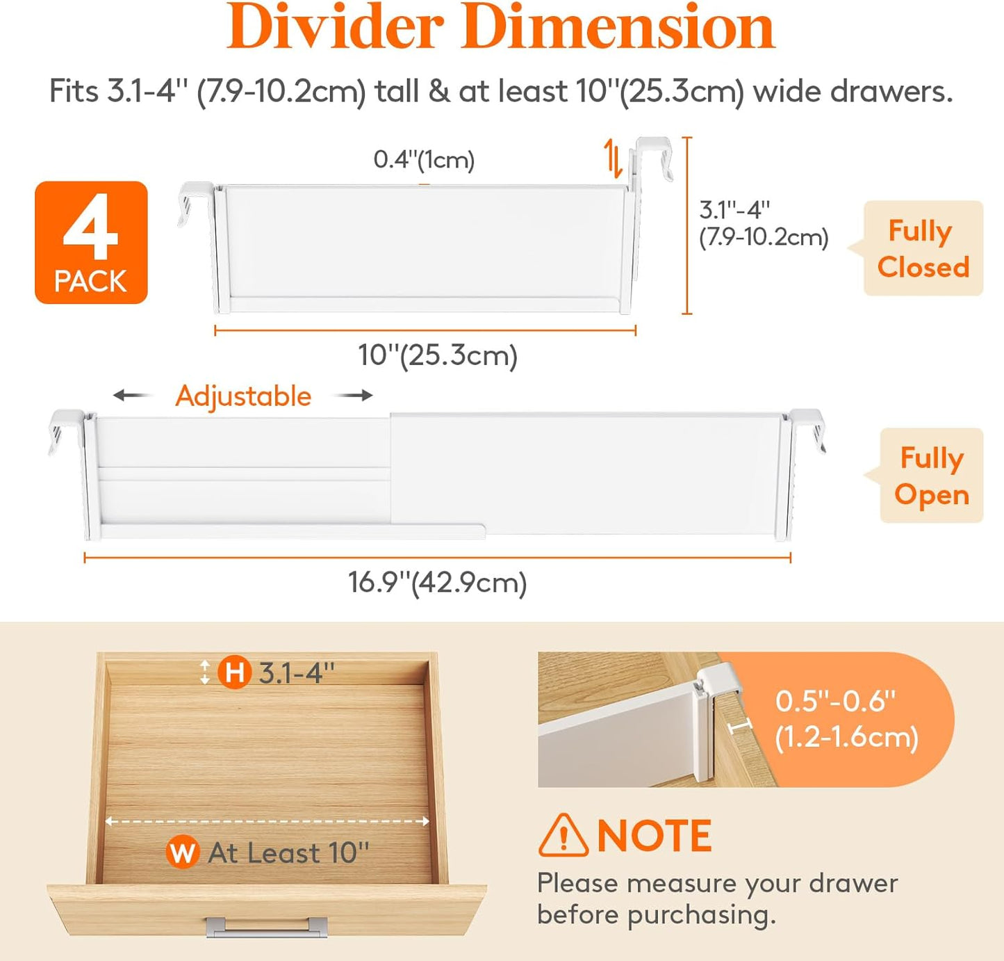 Lifewit Hanging Kitchen Drawer Dividers 3.1" High, 10-17" Adjustable Drawer Organizers for Utensils, Expandable Dresser Separators in Kitchen/Bedroom/Bathroom/Vanity/Office, White(4 Pack)