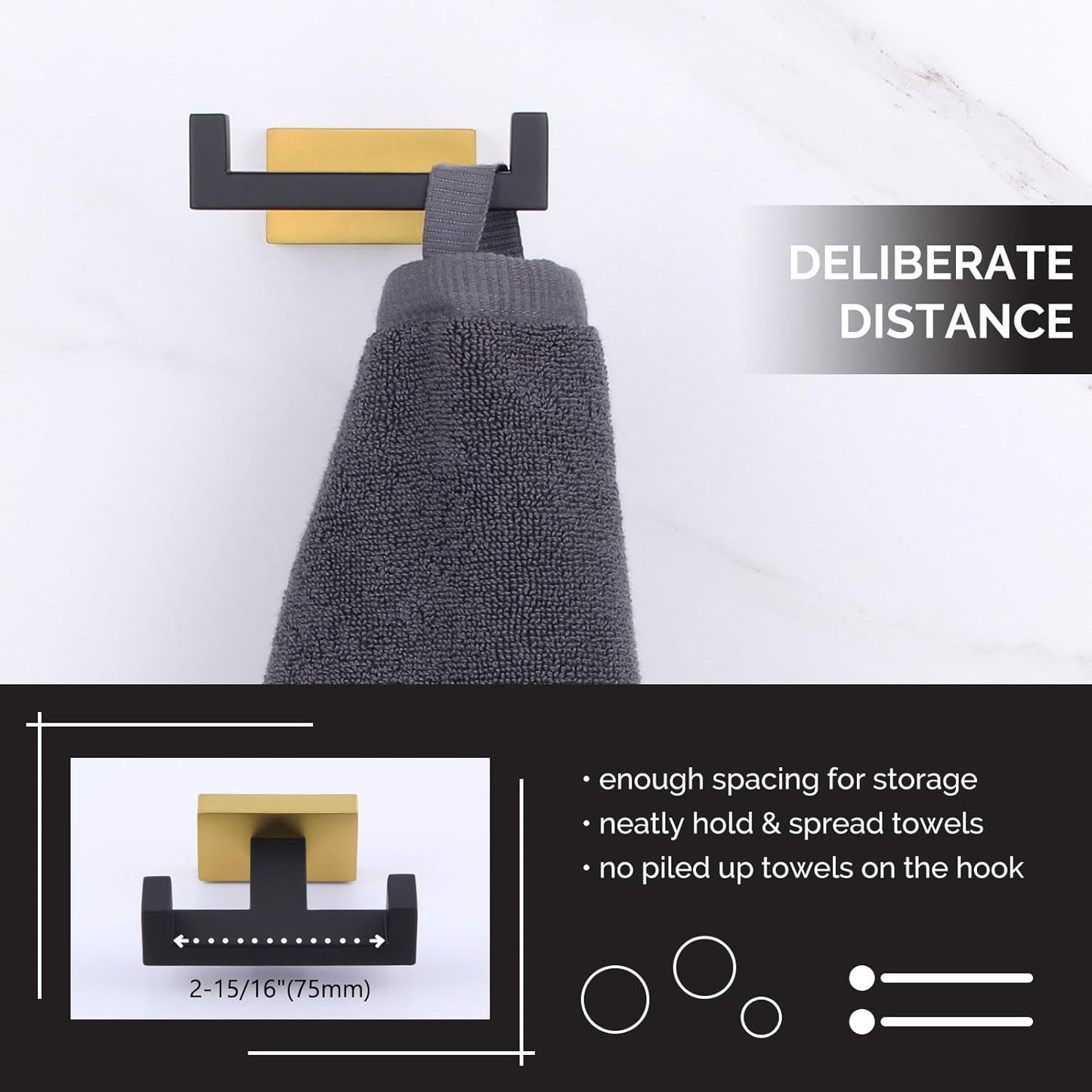 Angle Simple Towel Hook Black & Gold 2 PCS, Stainless Steel Double Hook for Bathroom, Square Robe Hook, Hand Towel Holder for Wall