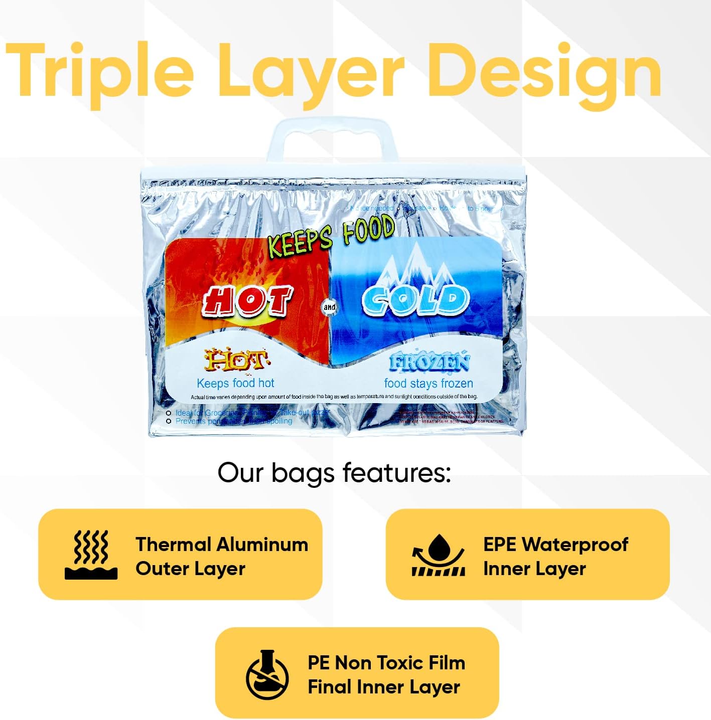 Superio Hot and Cold Insulated Bags for Food Delivery, Grocery Shopping Bags, Food Storage for Hot and Frozen Food for Travel, Disposable Cooler Bag, Reinforced Thermal Lunch Bag (12, 13"x5.5"x8.5")