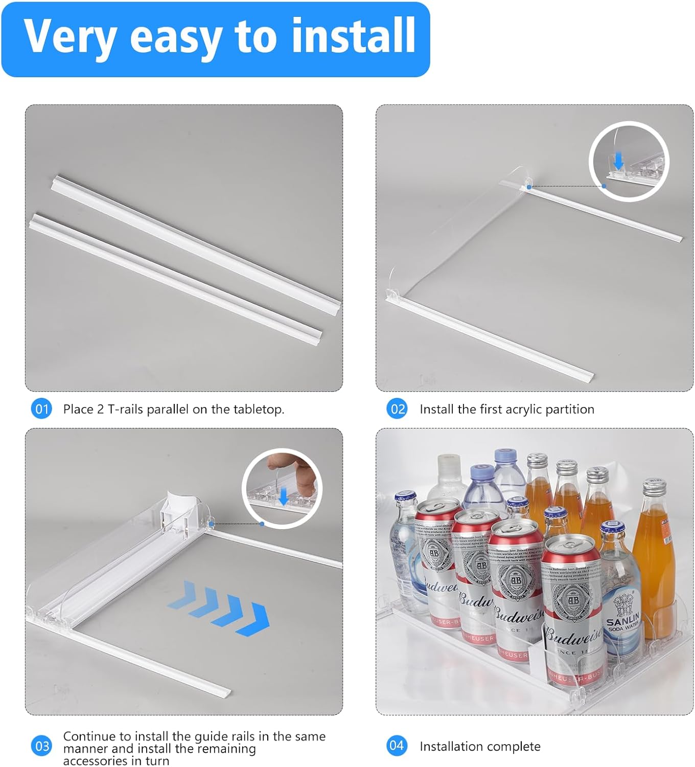 SOLY Drink Organizer for Fridge,Fridge Drink Dispenser for Fridge Automatic Pusher Glide,For Refrigerator Organizing Holds up to 14.96" D, Adjustable for 6-20oz (4 Row)