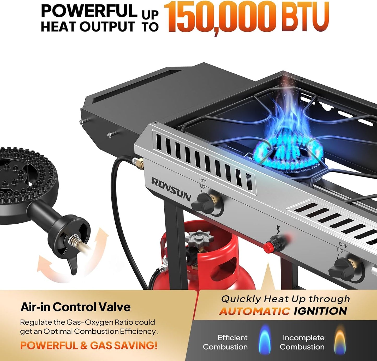 ROVSUN 2 Burner Outdoor Propane Gas Stove with Auto-ignition, Regulator & Shelf, 150,000 BTU Powerful Stand Cooker for Backyard Patio Cooking Home Brewing Canning Turkey Frying
