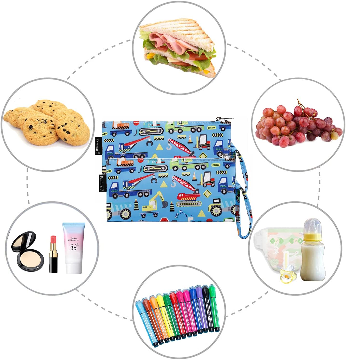 Reusable Sandwich Bag/Snack Bag for Kids & Adults, Dual Layer Lunch Bag with Handle, Washable, Food Safe, BPA Free (2-Pack, Car)