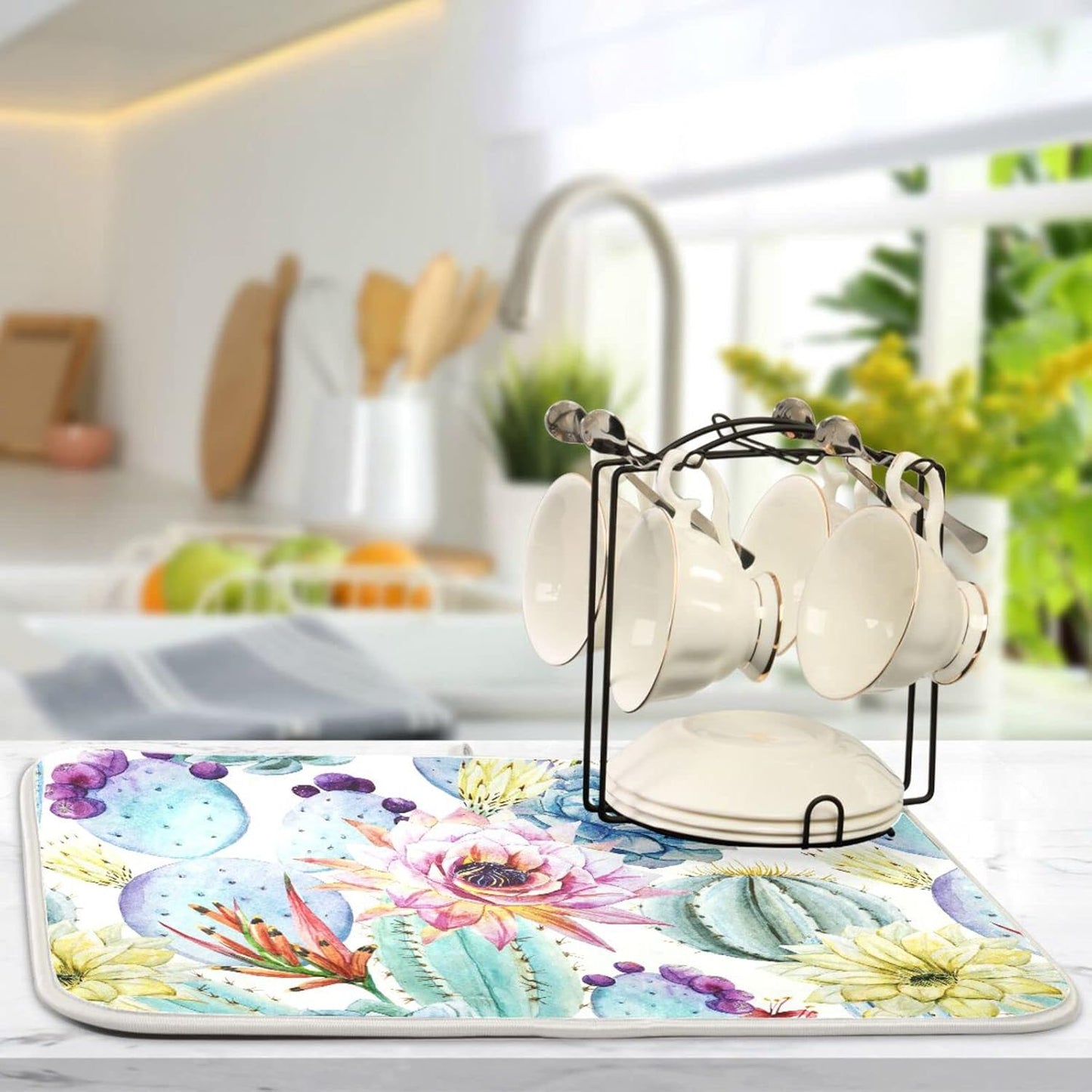 Cactus Succulent Plant Dish Drying Mat for Kitchen Counter Absorbent Microfiber Drying Pad, Medium 16x18 in, Reversible Drainer Mats