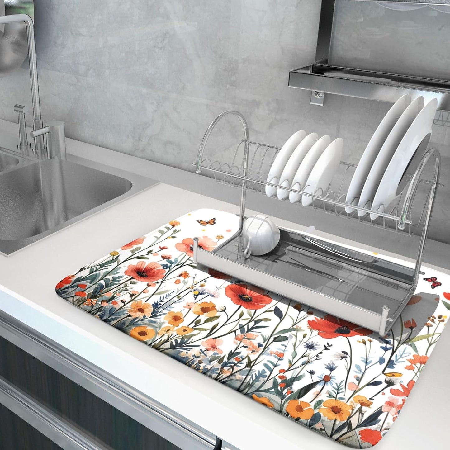 Poppy Flower Dish Drying Mat 18x24 Inch Floral Leaves Dish Drainer Protector Pad Washable Reversible Drying Pad for Kitchen Counter Sink