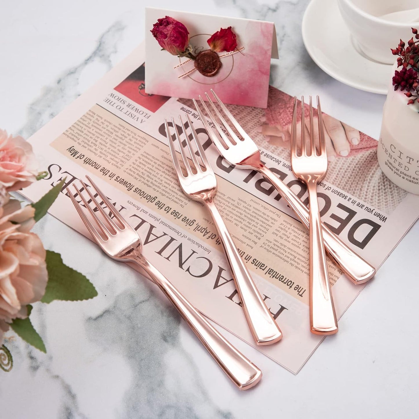 Liacere 200 Pack Rose Gold Disposable Forks - 7.4 Inch Heavy Duty Plastic - Rose Gold Silverware for Catering, Parties, Dinners, Weddings & Mother's Day