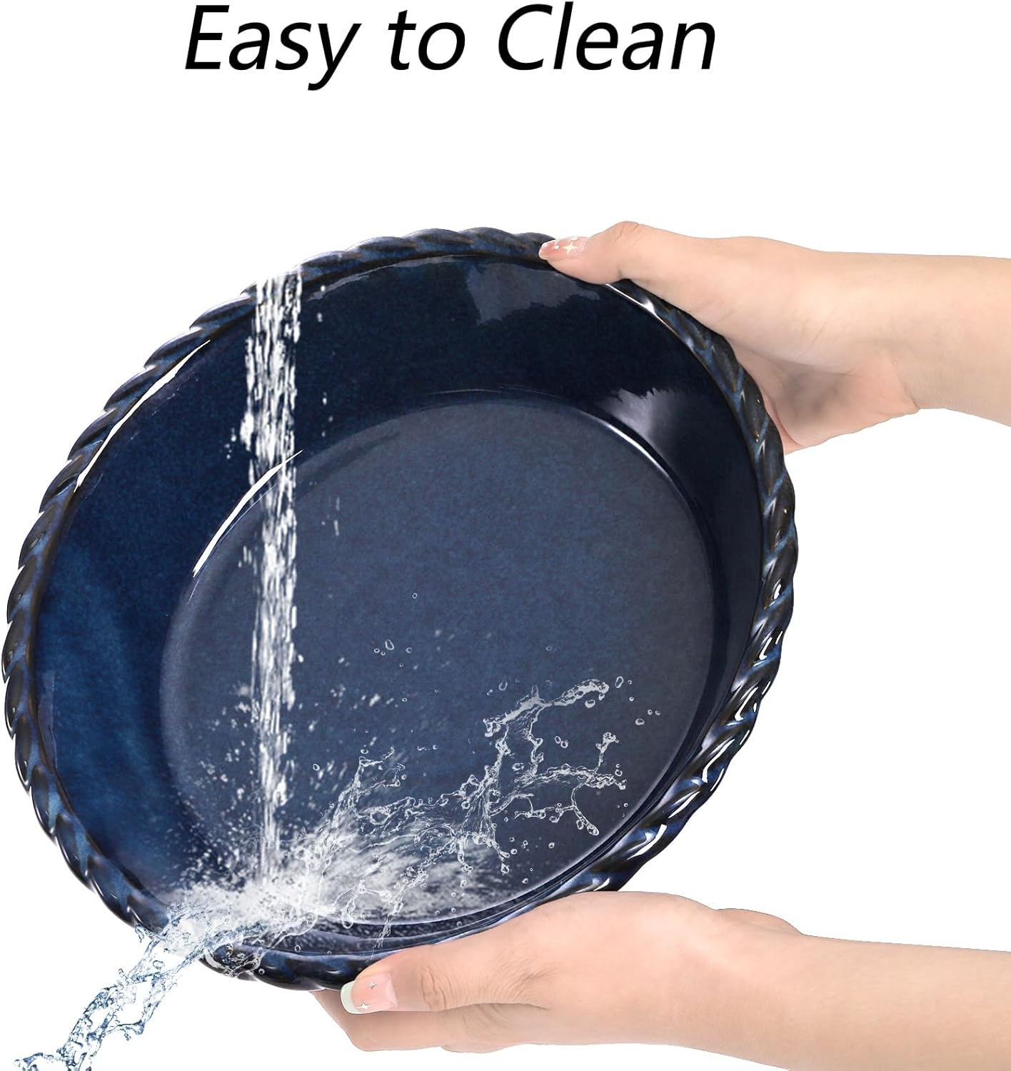 Peohud 2 Pack Ceramic Pie Pans, 10 Inch Deep Fluted Pie Plate, 54 Ounce Round Baking Dish for Quiche, Apple Pecan Pie, Pot Pie, Blue