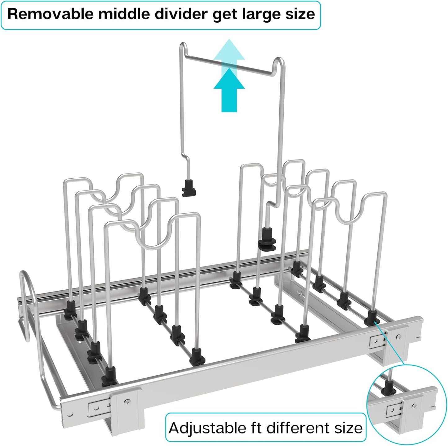 Pots and Pans Pull Out Organizer Under Cabinet, Adjustable Slide Out Pan and Pot Lid Rack Holder, Wire Dividers Kitchen Organization And Storage, Full-Extension Rail 12" W X 20" D