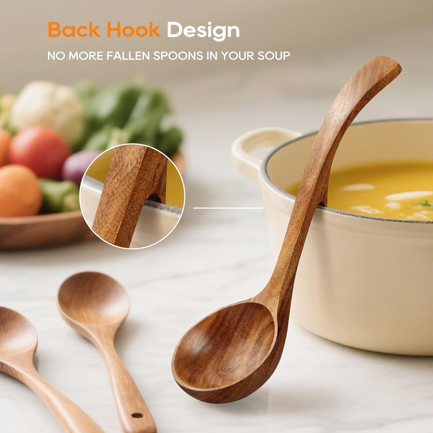 Wooden Ladle for Soup, 3 Size Teak Wood Ladle Spoon with Back Hooks, Heat Resistant Wooden Spoons for Cooking, Non-Stick, Comfortable Grip, Wood Kitchen Utensils Set for Serving, Stirring