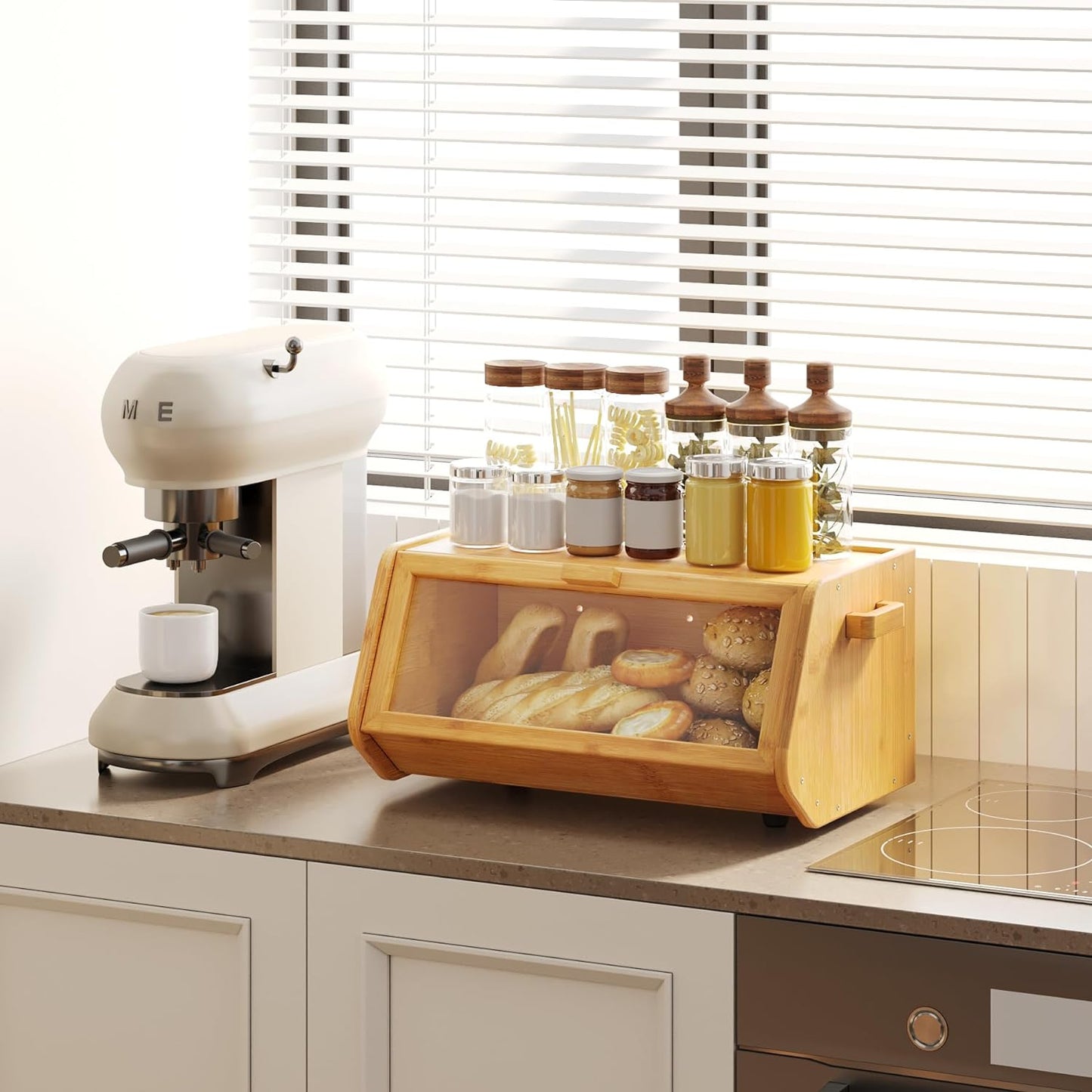 AMBIRD Bamboo Bread Box keep The Bread Fresh For Kitchen Counter-Large Capacity Wooden Bread Storage Container Farmhouse Bread Box with Window Bread Holder
