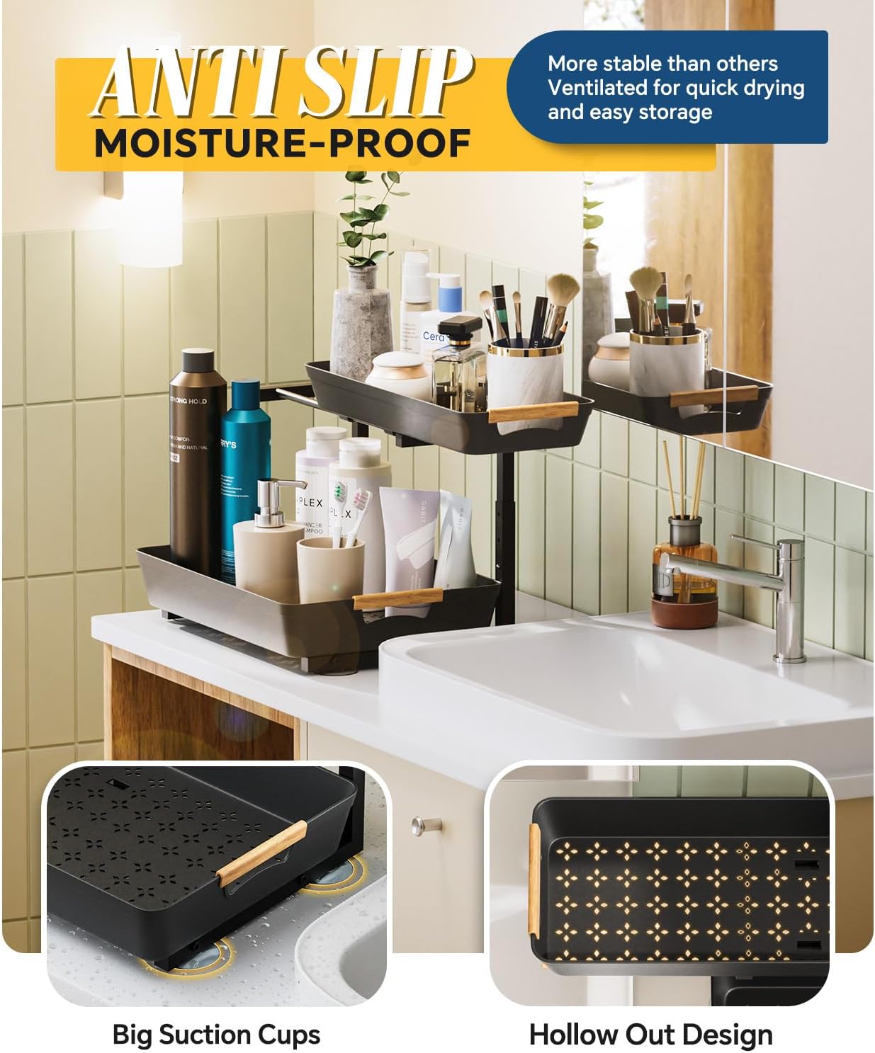 Under Sink Organizer, 2 Tier Adjustable Height Under Sink Organizers and Storage, L-Shaped Slide Out Pull Out Cabinet Organizers for Bathroom Kitchen Pantry(1 Pack, Black)