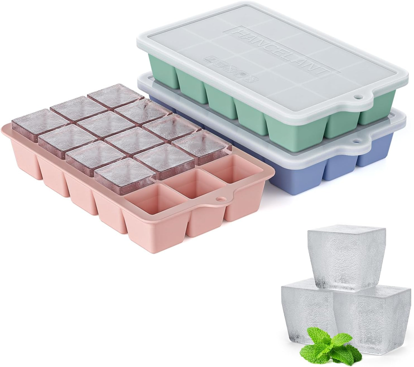 Silicone Ice Cube Tray 3 Pack, HANCELANT Ice Cube Mold, Ice Trays for Freezer with Lid for Whiskey, Baby Food, BPA Free, Easy Release