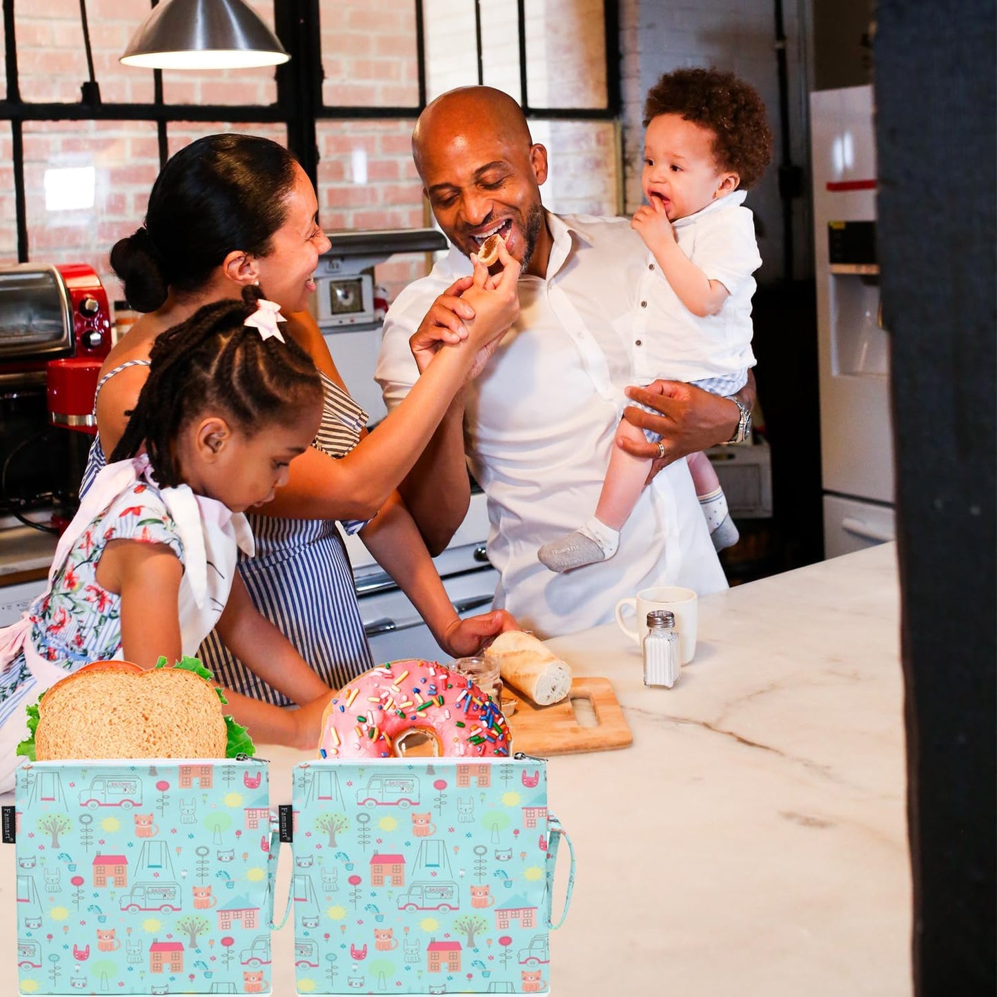 Reusable Sandwich Bag/Snack Bag for Kids & Adults, Dual Layer Lunch Bag with Handle, Washable, Food Safe, BPA Free (2-Pack, Colorful Cat)