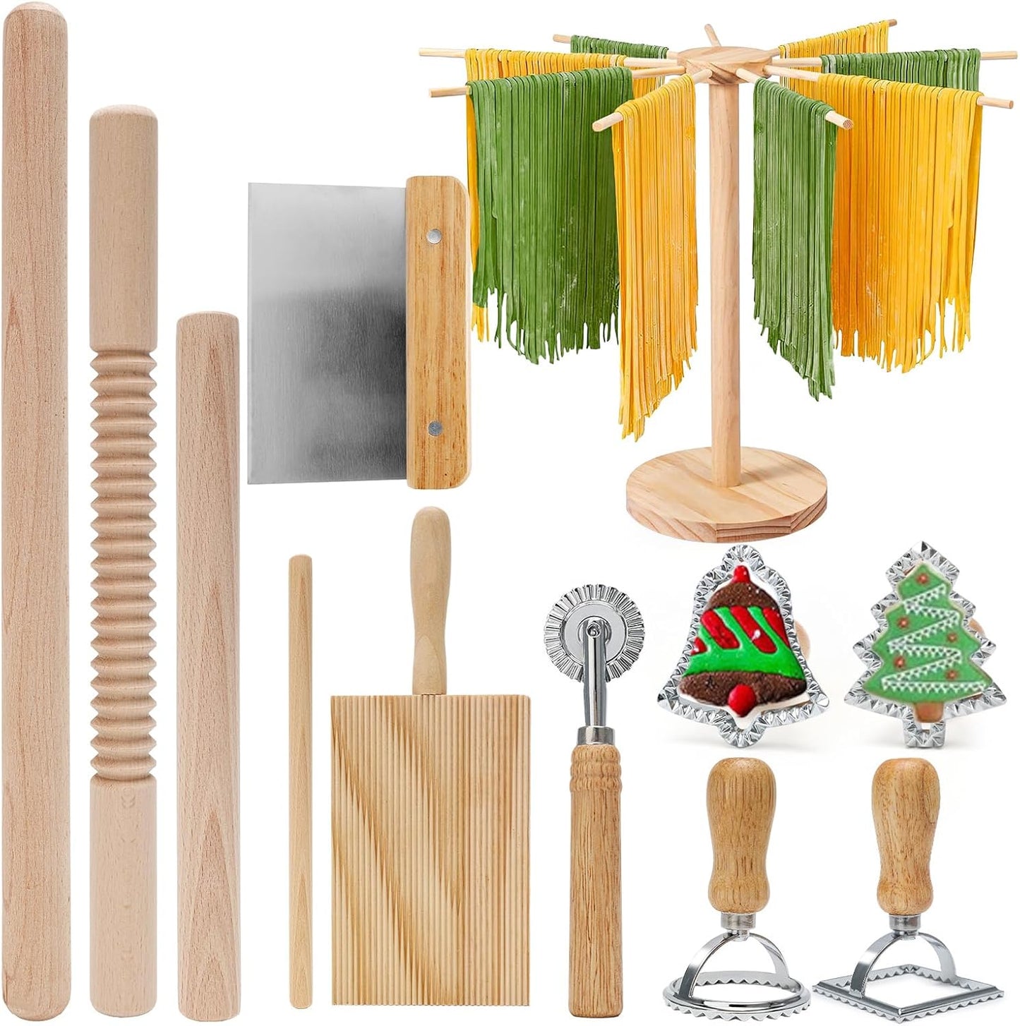11 Pcs Pasta Making Tools with 4 Ravioli Stamps(Christmas Tree,Bell,Square,Round),Pasta Drying Rack, Threaded Rolling Pin, 2 Rolling Pins, Gnocchi Board,Dough Cutter, Wheel Cutter,Homemade Pasta Kit