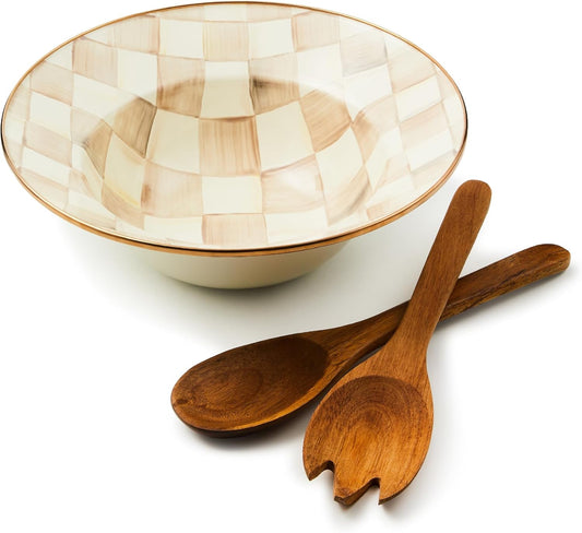 MACKENZIE-CHILDS Enamel Salad Serving Set, Enamel Bowl and Wooden Salad Servers, Decorative Kitchen Set, Brown-and-White Mocha Check