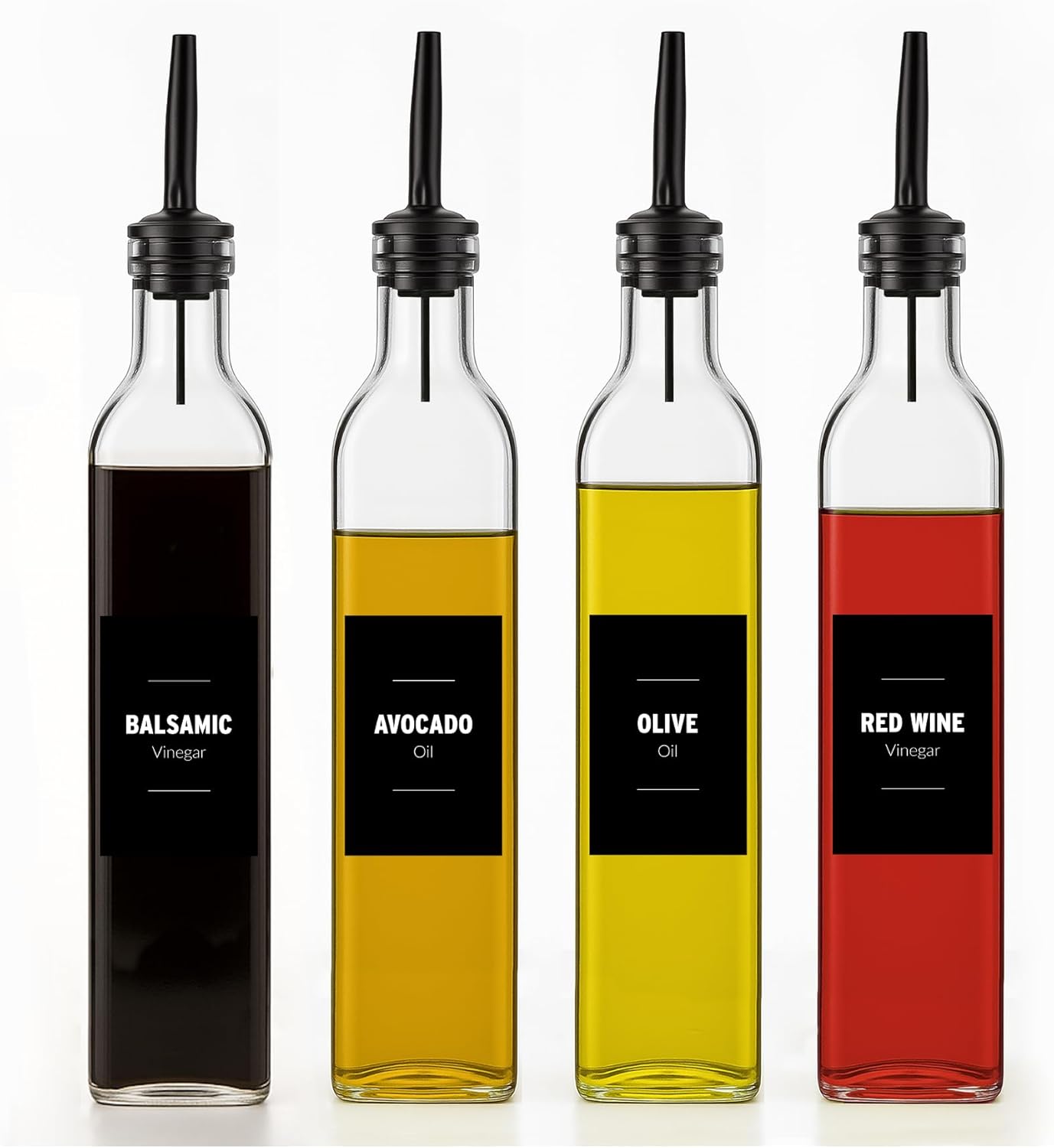 Olive Oil & Vinegar Dispenser Bottle Set with Stainless Steel Pourer, Funnel & Labels - Glass Kitchen Oil Cruet - Dispenser Bottle for Coffee Syrup, Soy Sauce, Cooking Sauces & More - 500ml - Set of 4