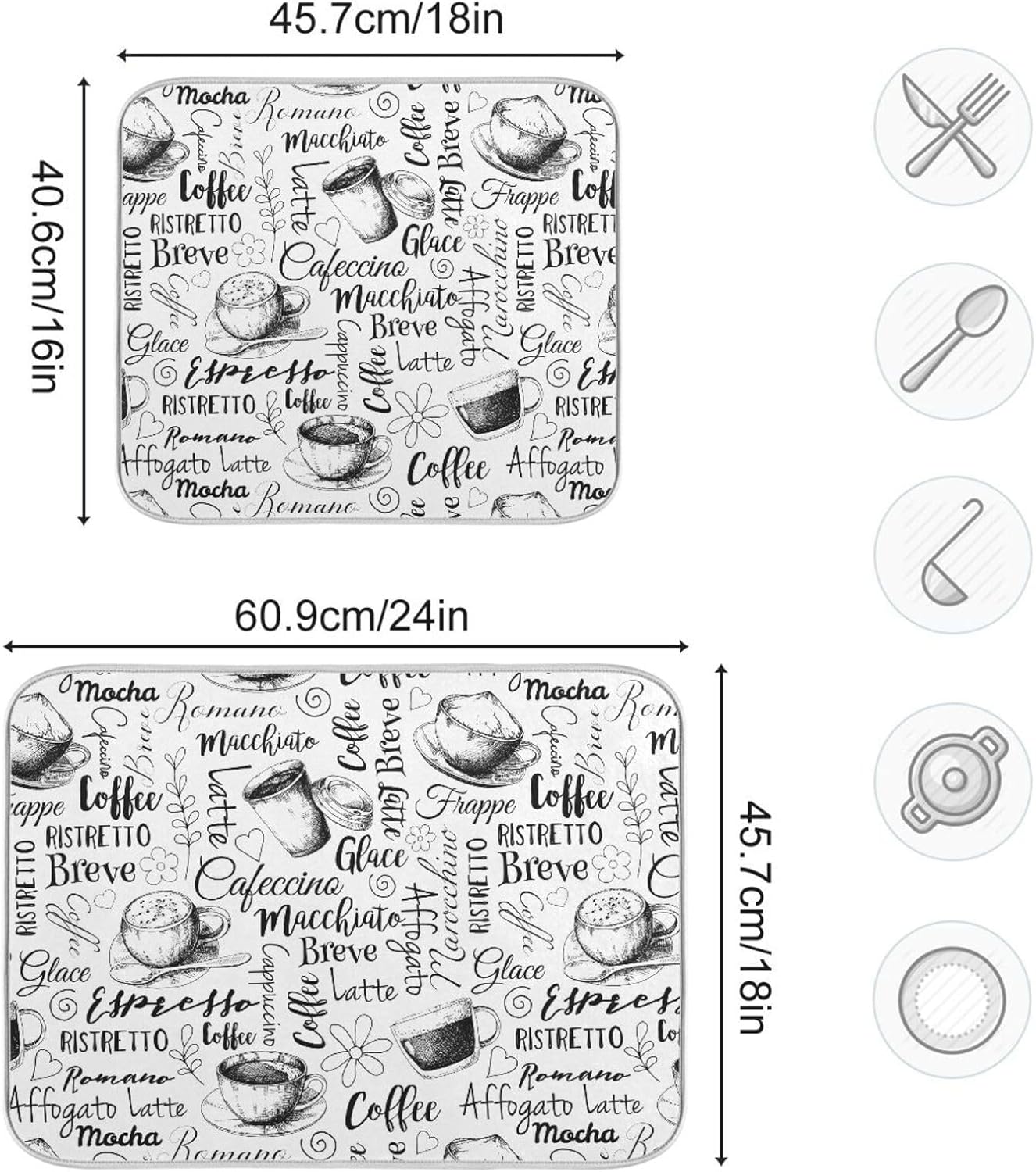 Coffee Cups Print Dish Drying Mat for Kitchen Counter Absorbent Microfiber Drying Pad, Large 18x24 in, Reversible Drainer Mats