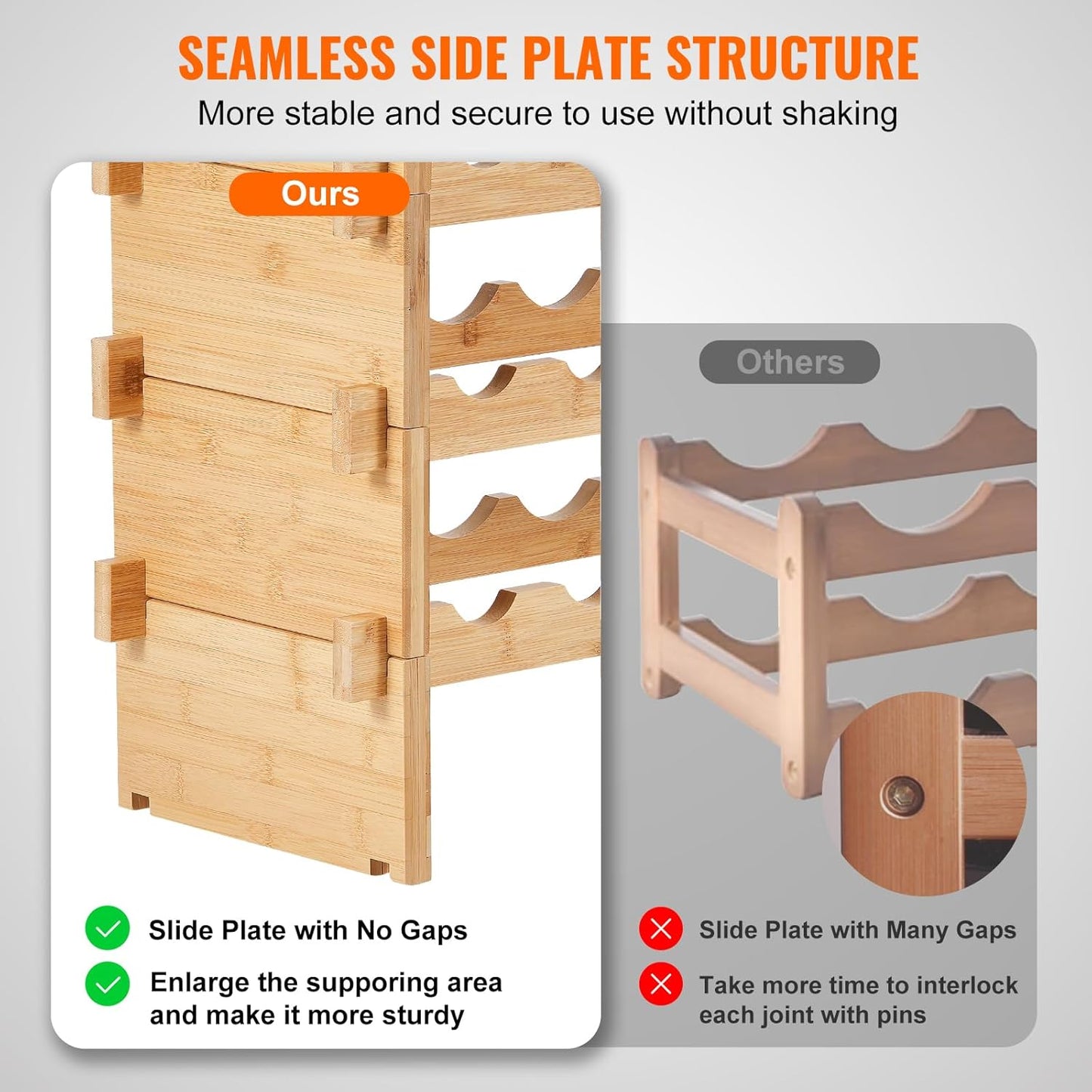 VEVOR 36 Bottle Stackable Modular Wine Rack, 4-Tier Solid Bamboo Wood Storage Racks, Floor Freestanding Wines Holder Display Shelf, Wobble-Free Shelves for Kitchen, Bar, and Cellar (Natural Color)