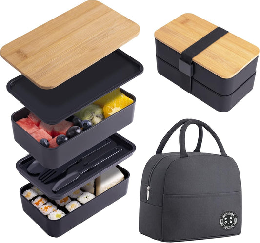 Japanese Bamboo Bento Box with Compartments and Utensils Stackable Lunch Box Includes Lunch Bag for Meal Prep Black