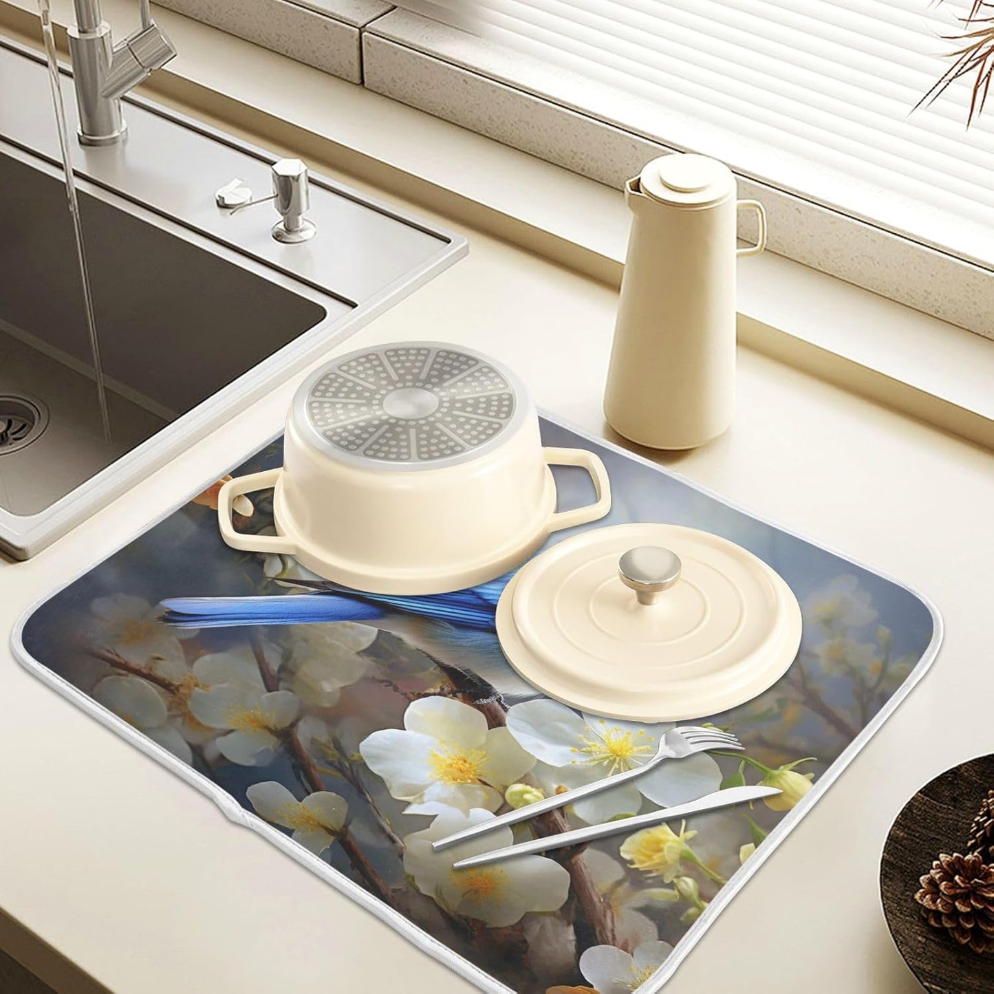 Spring Blue Yellow Flower Bluebird Butterflies Dish Drying Mat for Kitchen Ccounter Absorbent Microfiber Small Drying Pad Dish mats for Kitchen Countertops 16 x 18 Inch