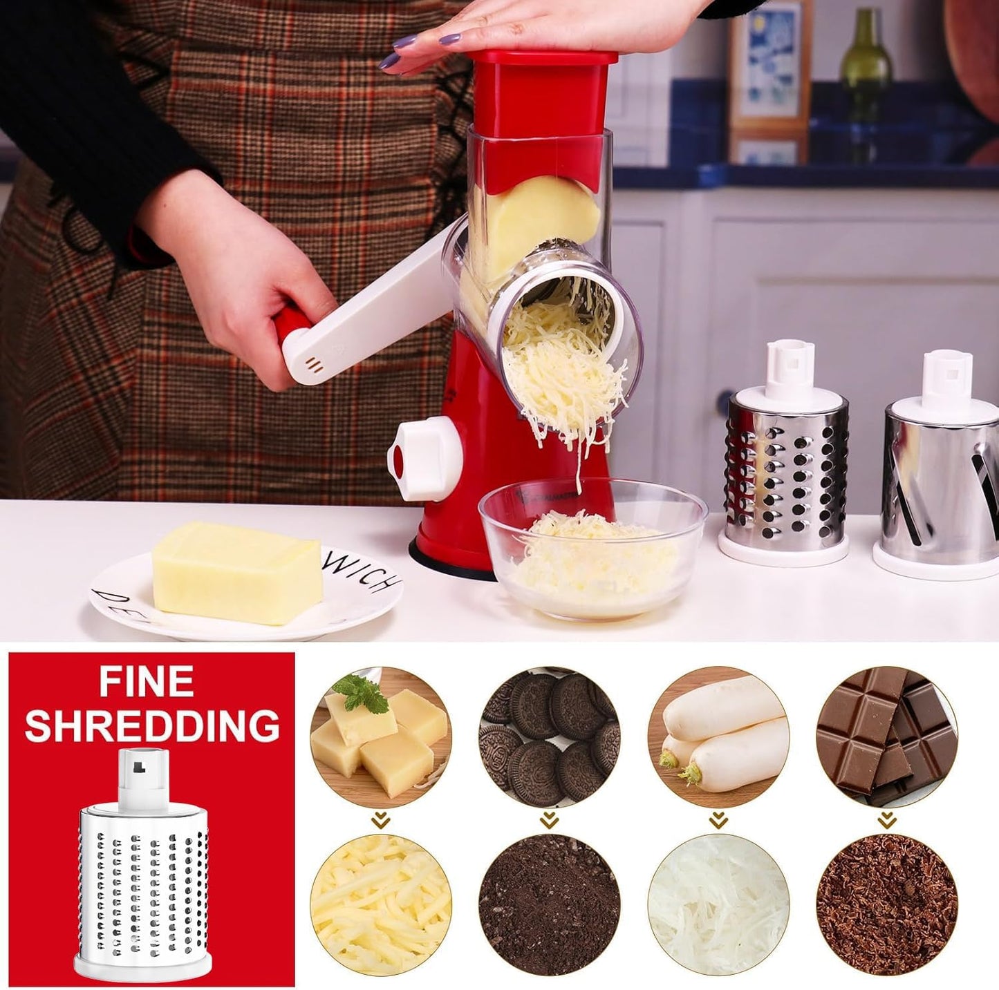 Cambom Rotary Cheese Grater Hand Crank Cheese Shredder for Fresh Cheese, Vegetable, Nuts,Non-slip Suction Base, Free Cleaning Brush Three Blades, Red