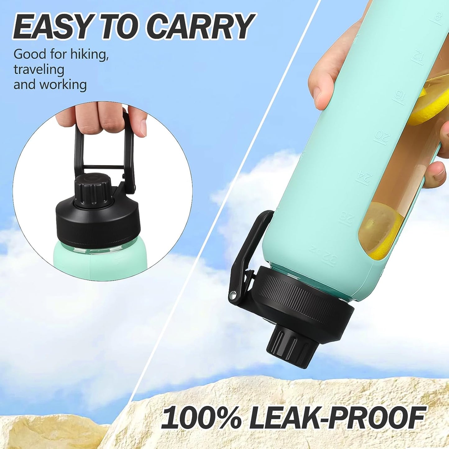 32oz Glass Water Bottle with Straw and 2 Lids- Bamboo Straw and Spout Lid with Phone Holder for Gym, Glass Drinking Bottles with Silicone Sleeve and Motivational Time Marker, Mint Green