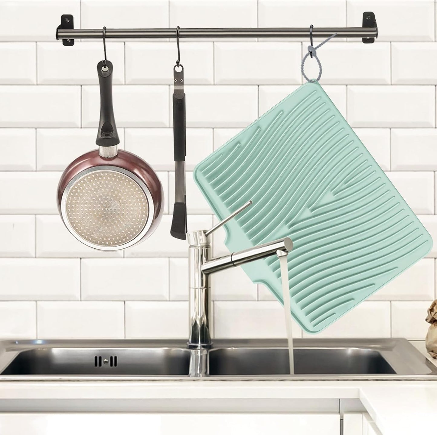 Silicone Dish Drying Mat, Stone Drying Mat for Kitchen Counter with Built-In Drain, Non-Slip Drain Pad with Built-in Drain, Heat Resistant Stone Drying Mat, 1Pcs 19.7" x 17", Mint