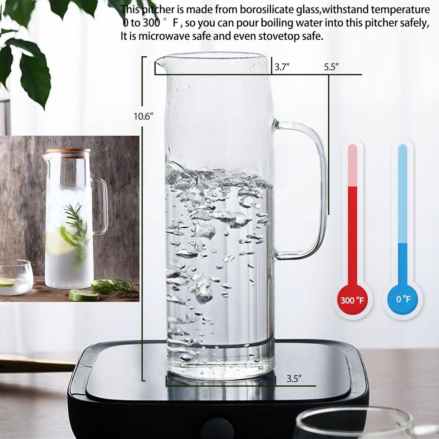 hjn Glass Pitcher with Lid Glass Water Carafe with Handle, Fridge Water Jug Cold or Hot Beverages, Iced Tea, Milk, Juice 1500ml/51oz & bamboo lid