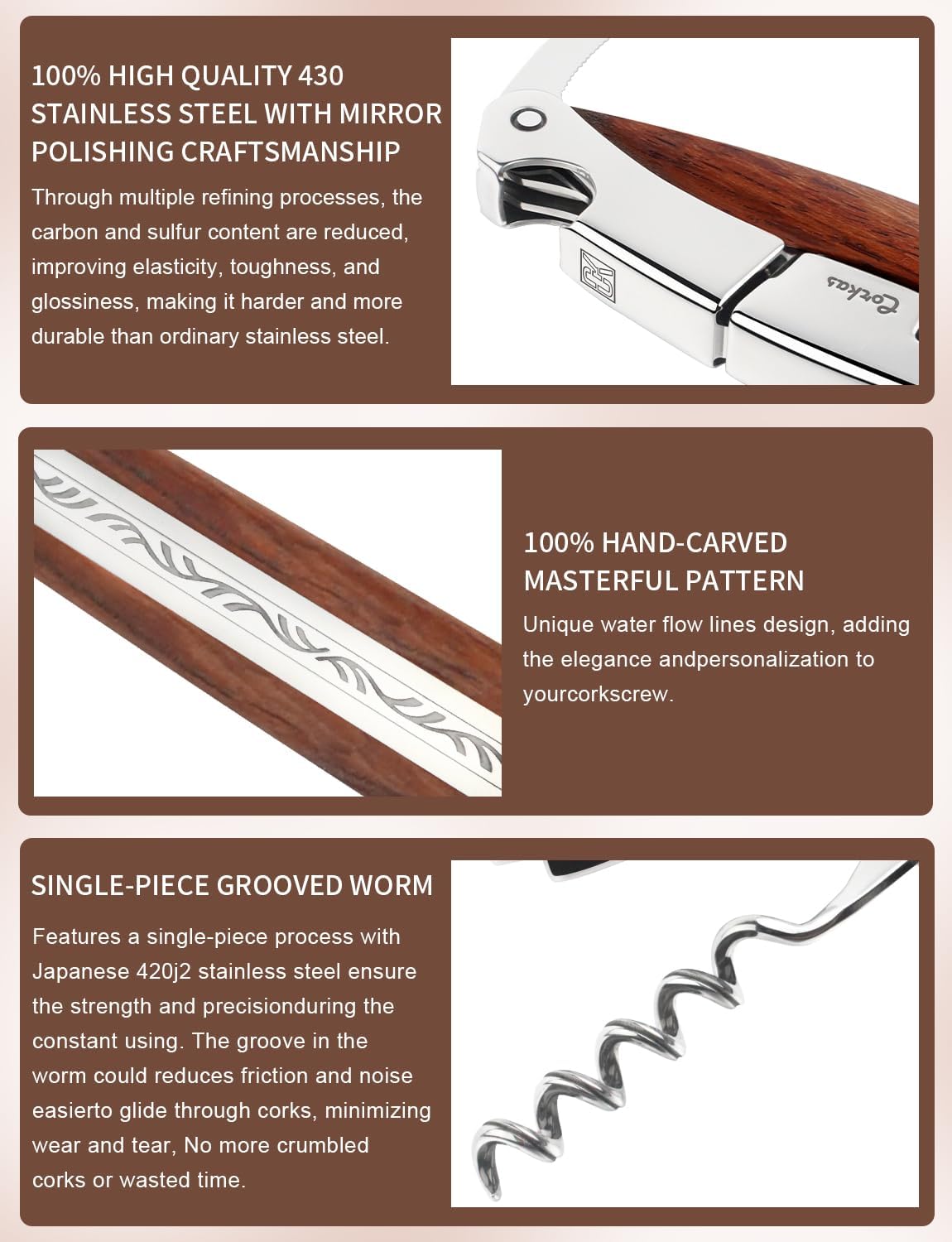 Wine Key - CORKAS Prestige Waiter Corkscrew with Rosewood Handle, Handcrafted Wine Opener Manual with Double Hinged, Foil Cutter and Bottle Opener, Ideal Gifts for Sommelier, Bartenders, Servers