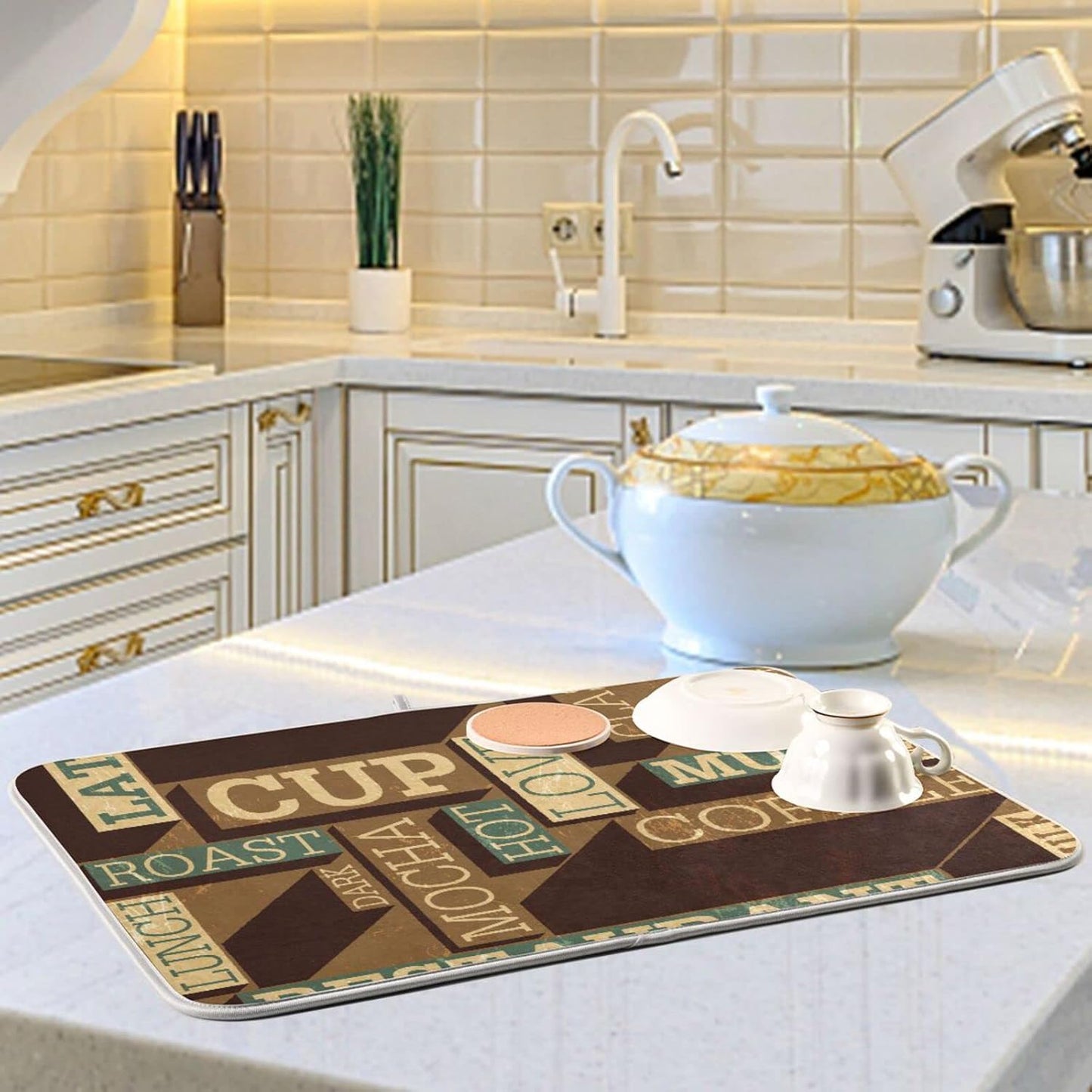senya Super Absorbent Dish Drying Mat, Microfiber Fast-Drying 16'' x 18'', Kitchen Pad, Coffee Themed Seamless Retro