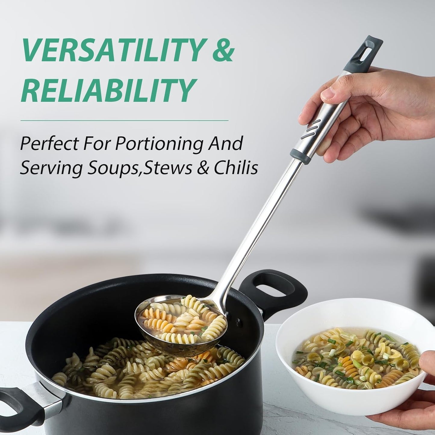 Soup Ladle, 13.9 inch Large Ladle Serving Spoons, 4 oz Stainless Steel Ladle with Heat-proof Handle, Comfortable Grip Design, Durable Construction, Silver, KLB-ASB-124