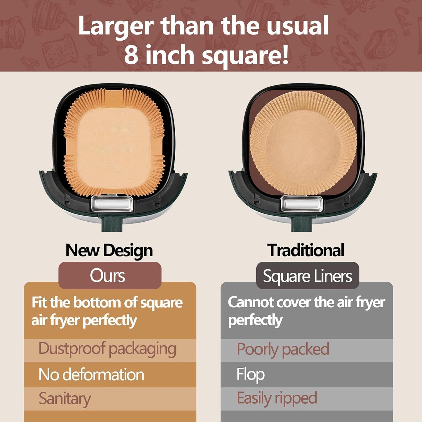UBeesize 7.5 Inch Air Fryer Paper Liners,300 PCS Parchment Paper, Air Fryer Disposable Paper Liners for Microwave, Non-Stick Sheets Square Free of Bleach（Bottom size 6.3 Inch）