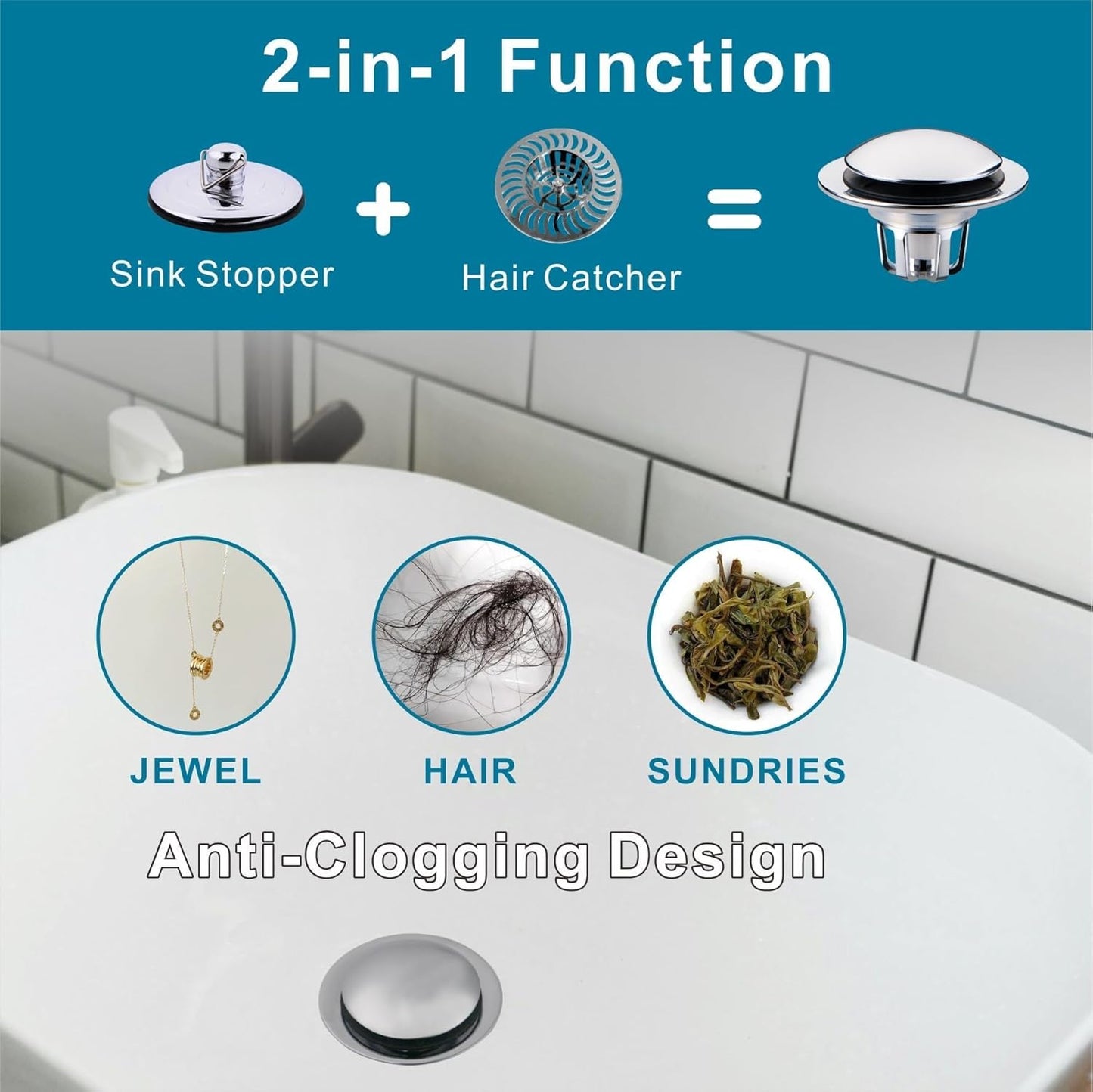 Chrome Bathroom Sink Drain Stopper,Welsan Universal Pop-Up Drain Stopper Plug Strainer with Hair Catcher for 1 1/8"-1 1/2" Drain Hole-2 Pack