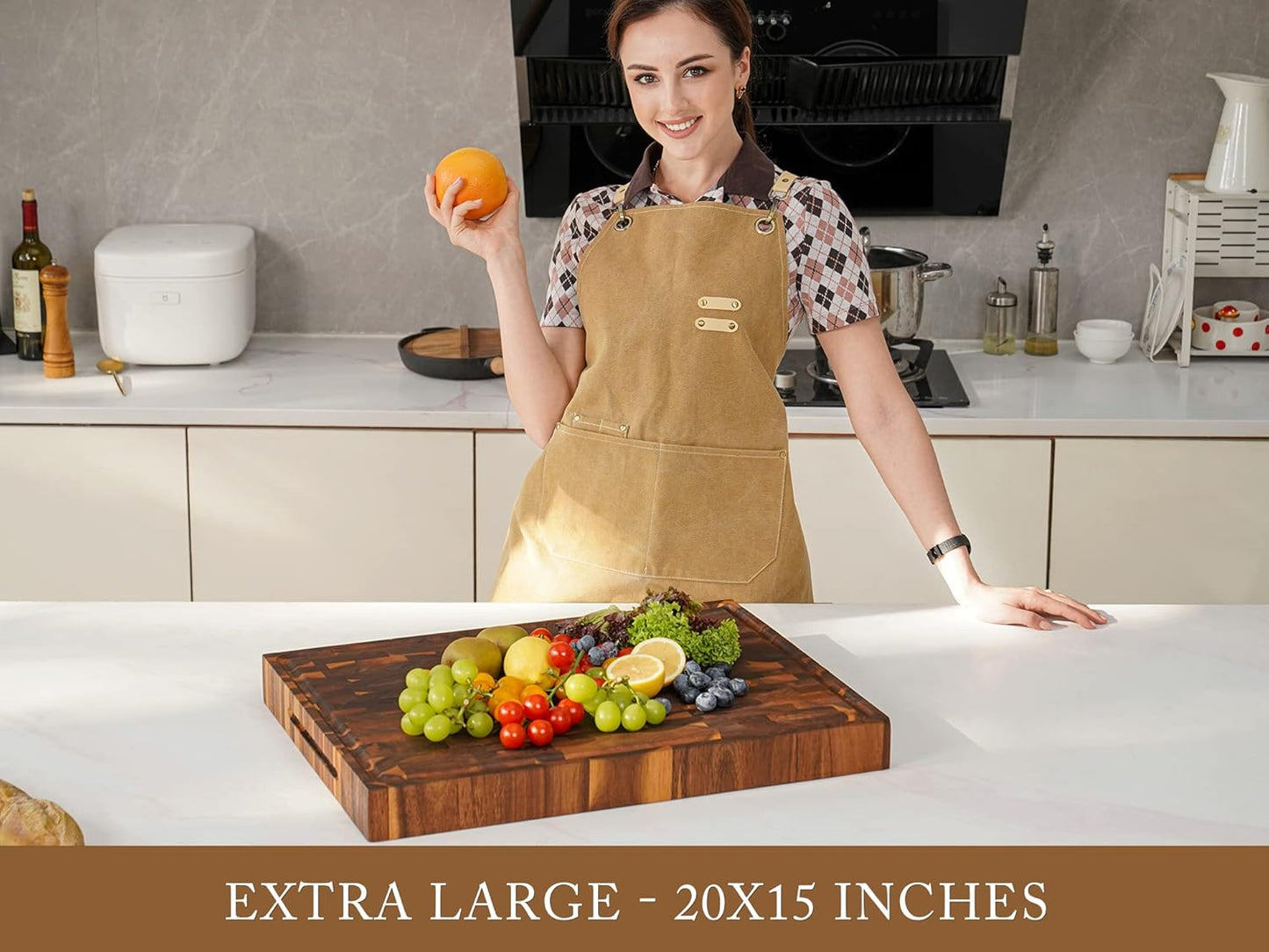 AZRHOM Extra Large Thick Walnut Wood End Grain Cutting Board 20x15x2 In, Wooden Butcher Block, Chopping Board For Kitchen with Juice Groove Handles Non-Slip Pats (Gift Box)