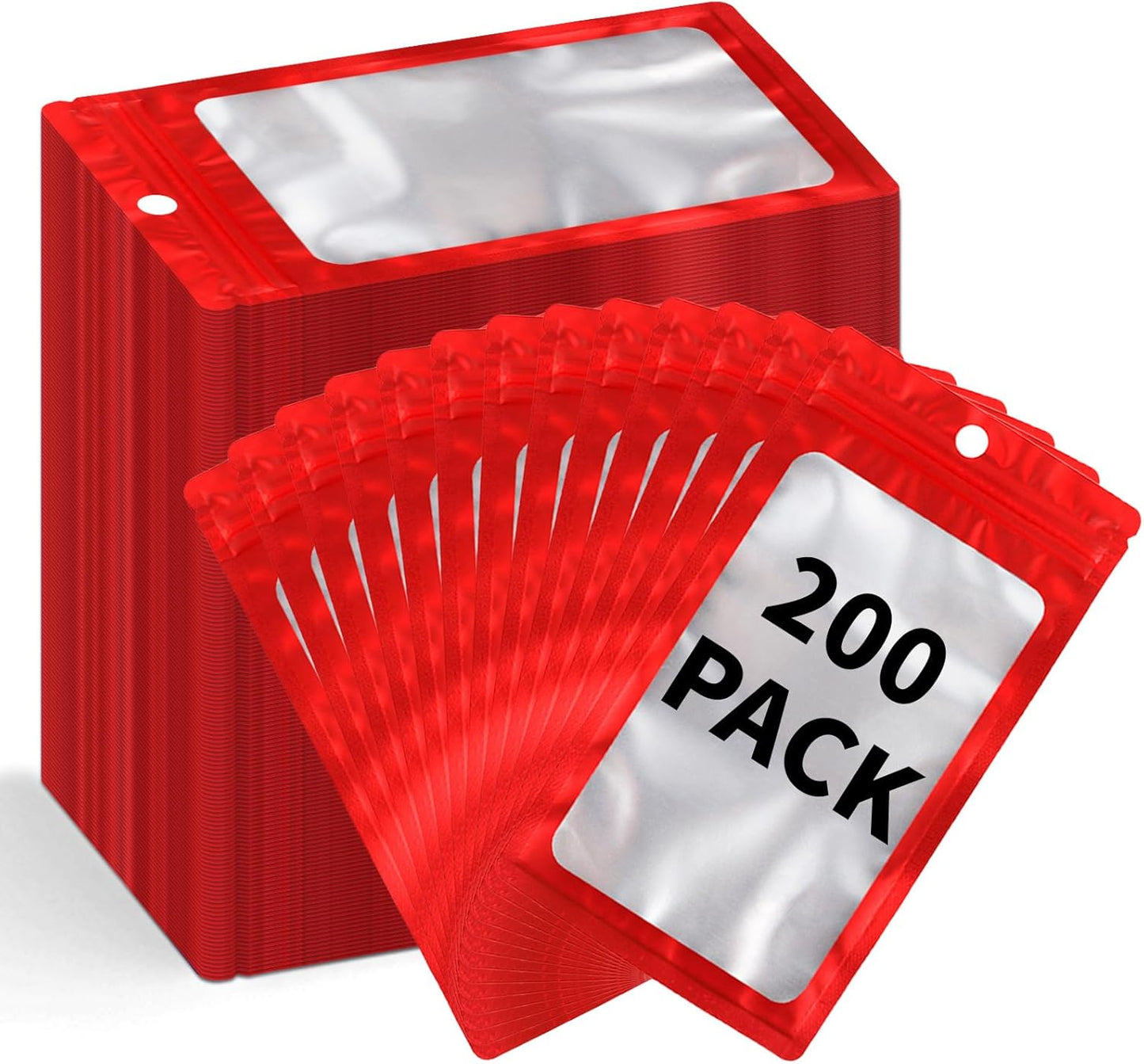 200 Pack Resealable Mylar Holographic Bags Food Storage Smell Proof Bags with Front Window Foil Packaging Pouch for Candy Sample Jewelry Small Business 3.54×6.29 Inch, Red