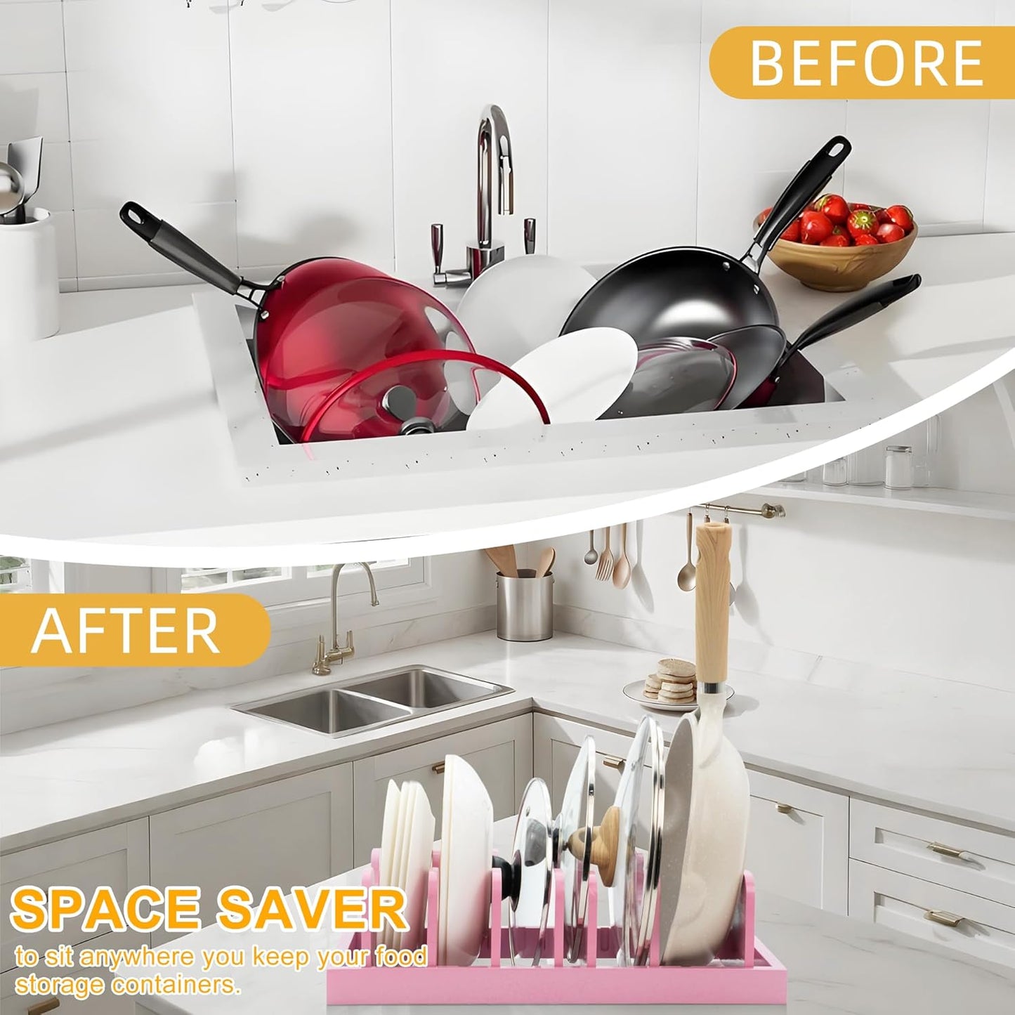 MinBoo Bamboo Pot Lid Organizer Pot Lid Holder, Pot and Pan Organizer Drawer Organizer for Pot Lids, Pans, Dinner Plates, Reusable Containers in Cabinet Storage,Pink