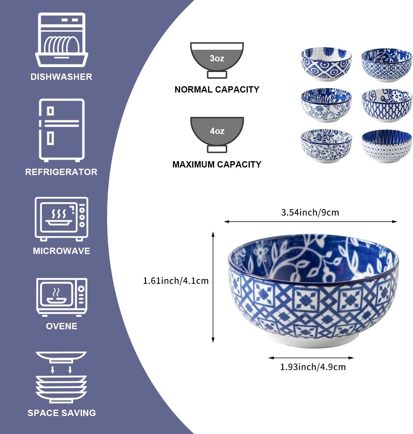 Ceramic Dipping Bowls Set - 4 Oz Small Dessert Bowl 3.5 Inch Porcelain Small Bowls for Side Dishes, Snack, Yogurt, Appetizer - Microwave Dishwasher Safe - Set of 6 - Vintage Blue