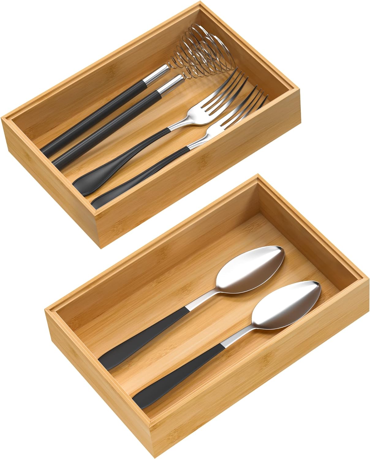 Silverware Tray for Drawer, Stackable Kitchen Bamboo Drawer Organizer 9" x 6" x 2" Set of 2