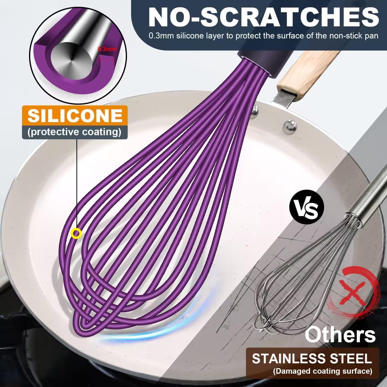 Silicone Whisk, Eddeas Whisk Non-Scratch Coated Whisks set of 3-Heat Resistant(450°F) Kitchen Wisk, Balloon Egg whisk Perfect for Blending, Whisking, Beating & Stirring, Purple